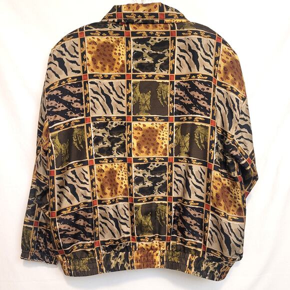 Vintage EVR 100 % Silk Patchwork Animal‑Print Bomber Jacket L Lined Zip Front - Picture 4 of 13